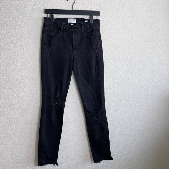 FRAME Le Skinny de Jeanne Jeans Le Color Rip Film Noir Mid Rise Distressed 28.5" - Picture 10 of 14